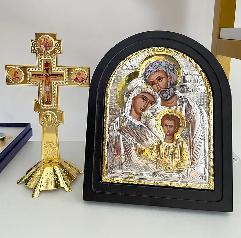 HT Wonderful Gift for Believers Orthodox Handmade Metal Craft Engraving Gold Plated Whole Family Icon with Gift Box
