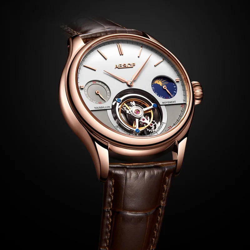 Best selling Multi functional original Gentuo flywheel movement fine steel black and white plate waterproof mechanical watch