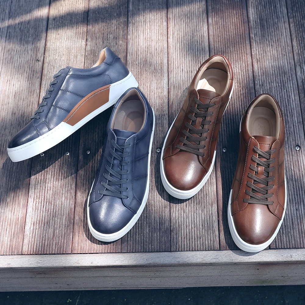 Wholesales high fashion luxury custom casual skateboard shoes brown Genuine leather men breathable flat sneakers shoes