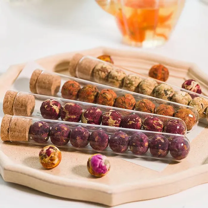 100% natural flower tea 8 flavors mixed glass tube packaging flower tea ball