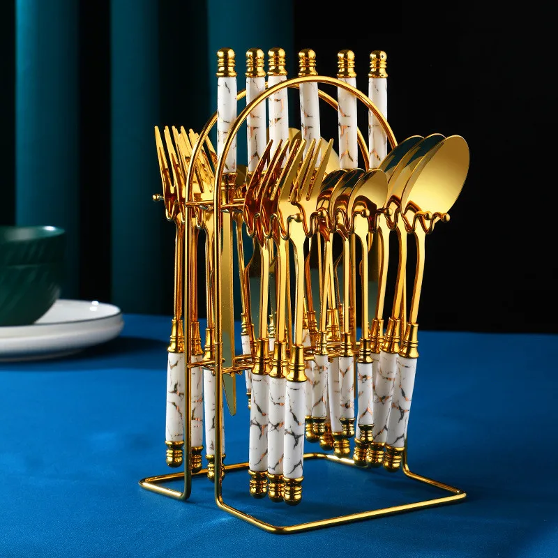 24 pieces gift box set stainless steel ceramic Gold flatware new ceramic handle knife fork spoon small spoon