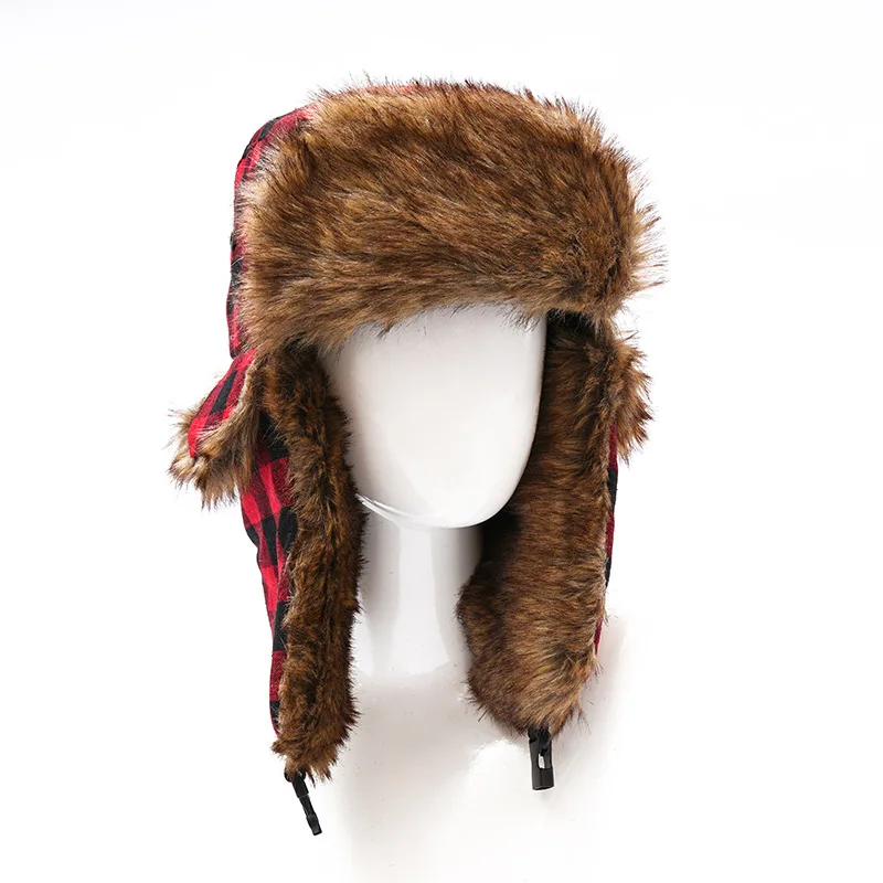 Plaid Faux Fur Bomber Hat for Women Men Custom Riding Fuzzy Thick Warm Black Red Checked Earflap Winter Cap Fur Trapper Hat