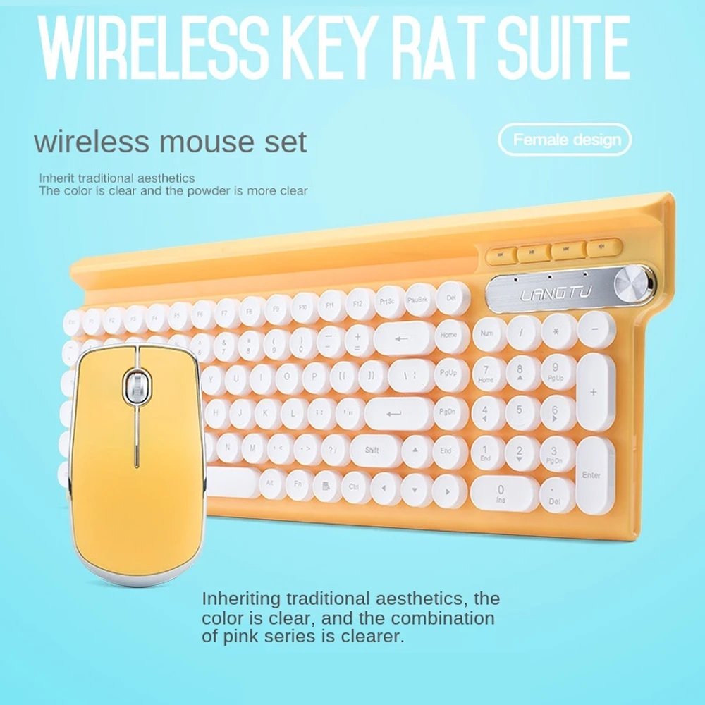 Cute retro round keycap ergonomics 2.4G wireless keyboard and mouse combo pc computer laptop office mouse and keyboard