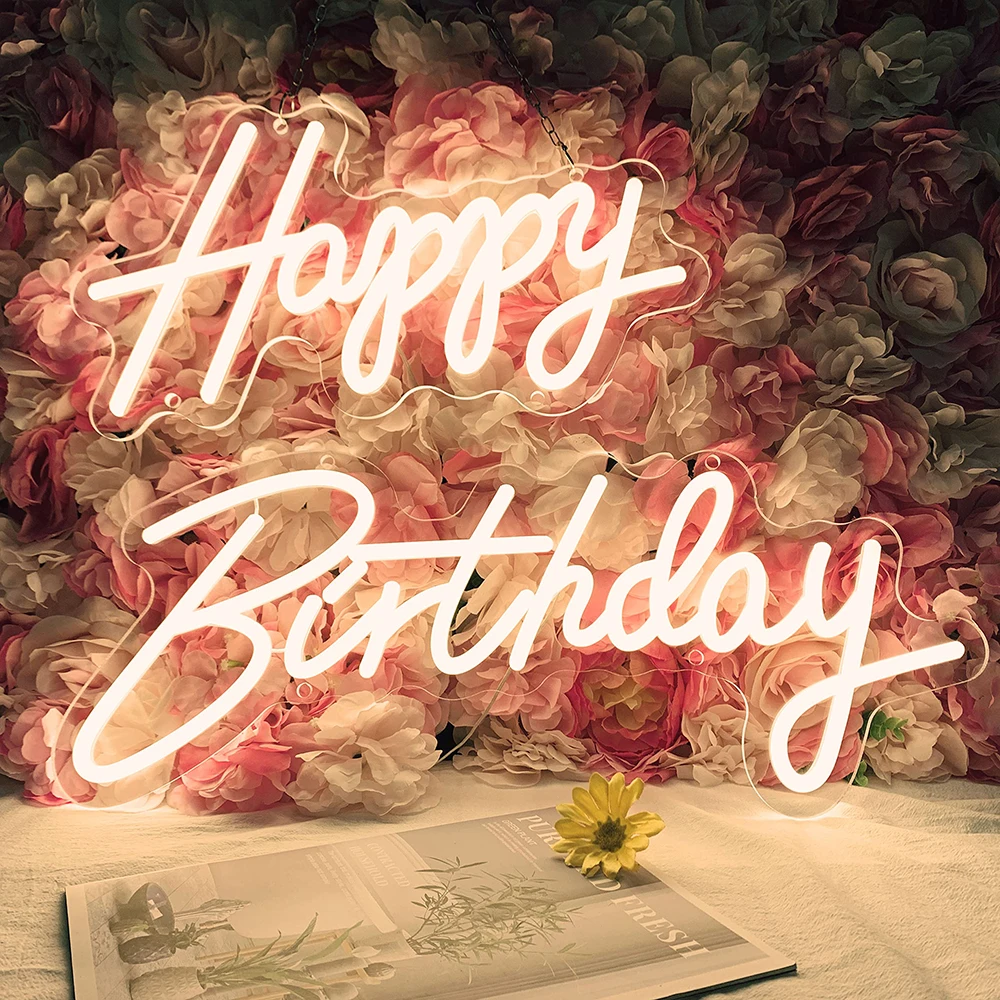 Led Happy Birthday Neon Sign Light for Wall Decor Wedding Party Transparent Acrylic Custom Neon Light Sign Wedding Party Decor