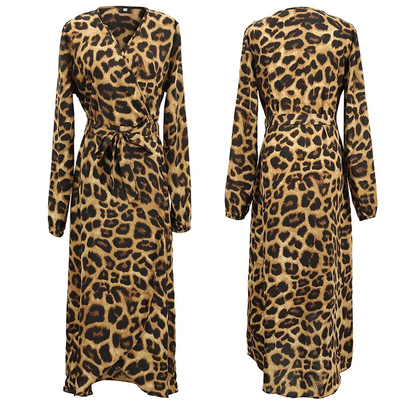 High quality new product leopard V-neck women winter dresses 2023 Irregular high-rise tie body lepord print dress