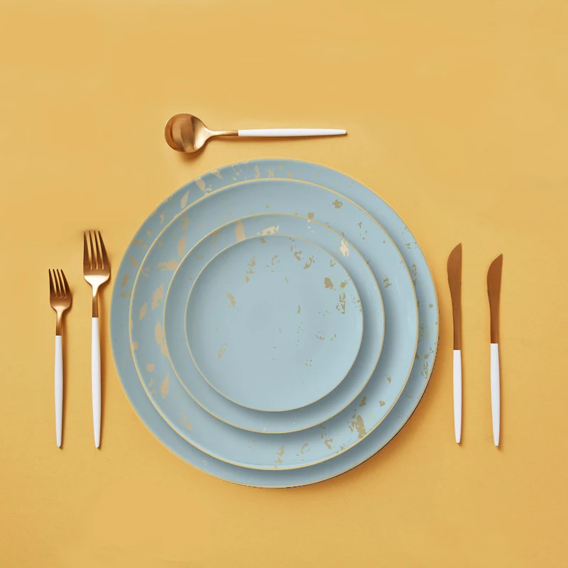 Light Blue and Gold Porcelain Dinner Set Wedding Decorative Charger Plate Bone China Dinnerware for Wedding Tabletop Crockery