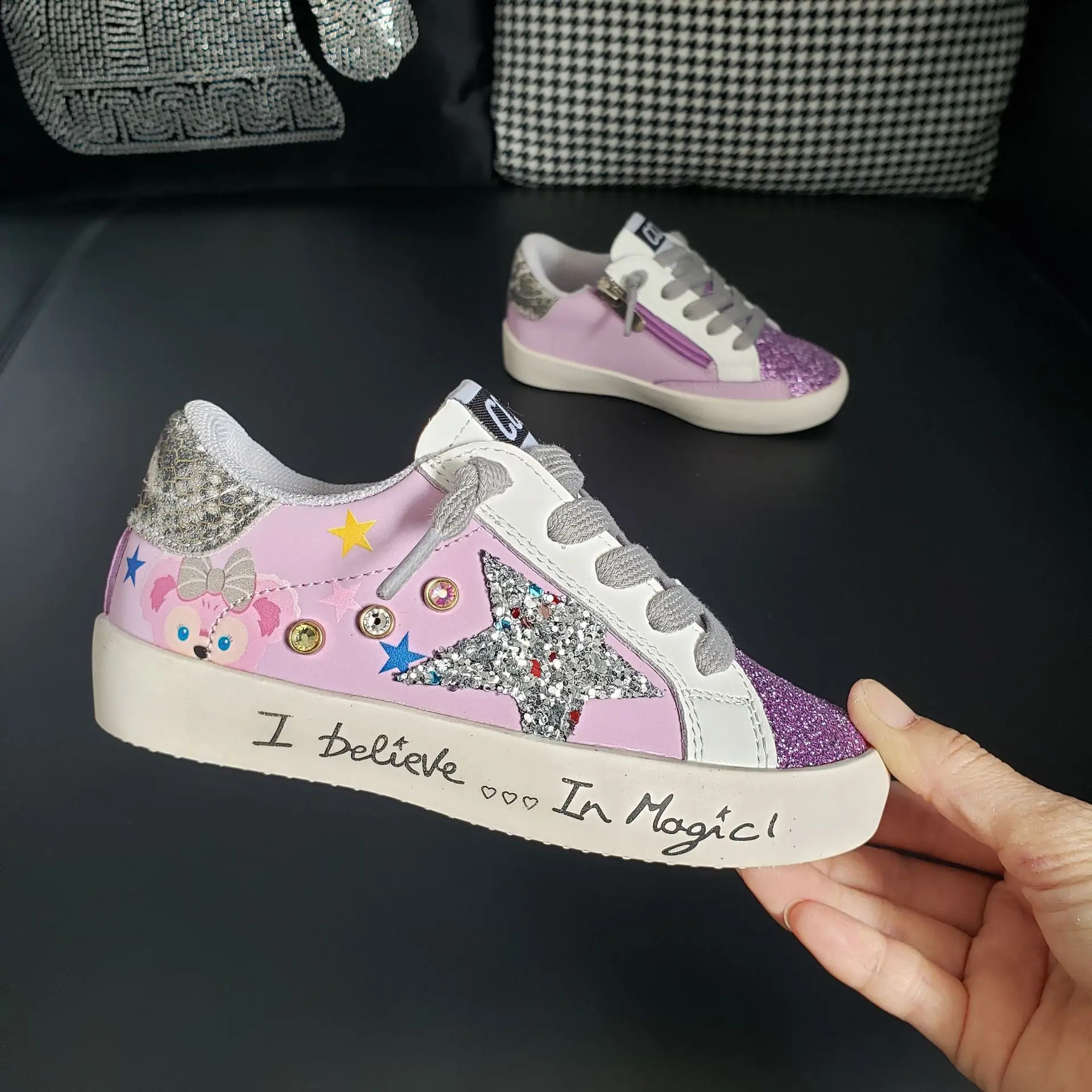 Rock Star Bunny Sneaker Purple Sparkle Glitter Sneaker With Star and Graffiti Funky Fairy Low Top Trainers