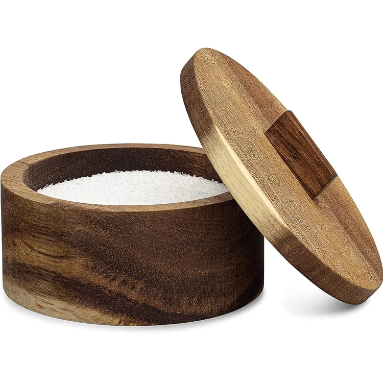 Salt wine cellar table salt container Wooden salt shaker with detachable lid