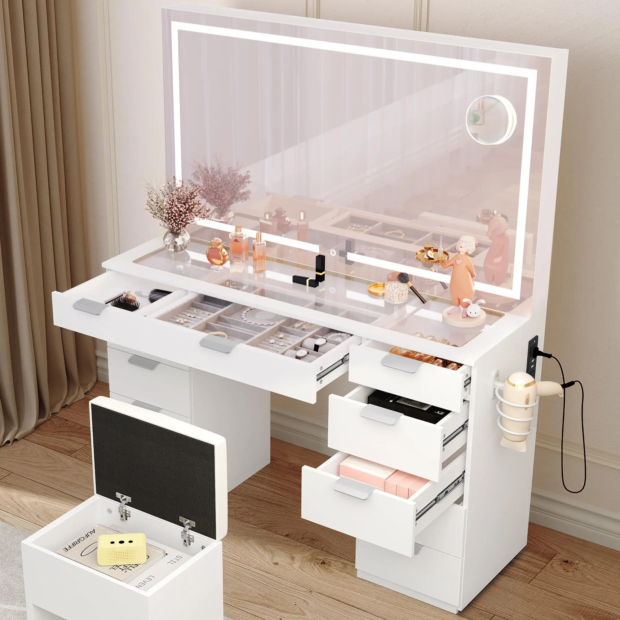 46' Magnifying Glass Top Multi 11 Drawers Wooden Dressing Vanity Desk Table set with LED Mirror and Storage Bench for Bedroom