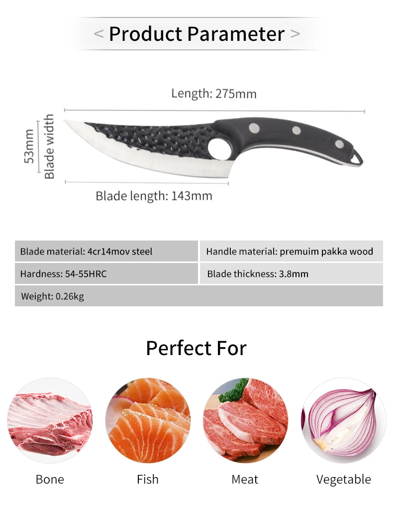 5inch Carbon Steel Pakka Wood Handle Meat 4Cr14Mov Cleaver slaughter knife Forged Boning Knife with Sheath