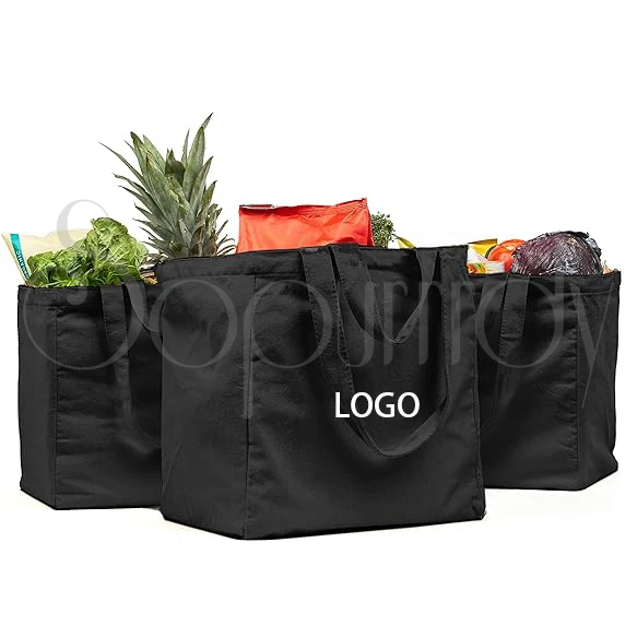 Custom Logo XL Canvas Grocery Bag with Real Pockets Long Shoulder Strap and Short Handle Heavy Duty Foldable Washable