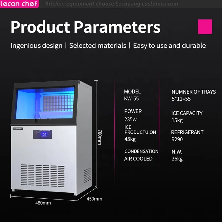 Commercial Household Stainless Steel 45kg/day Clear Ice Cubes Maker for restaurant hotel milk tea shop