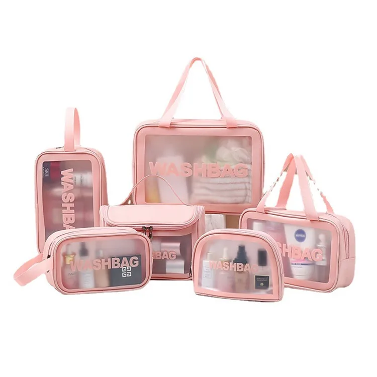 Transparent cosmetic bag translucent pvc wash bag pu frosted bath swimming storage package six-piece large capacity cosmetic bag