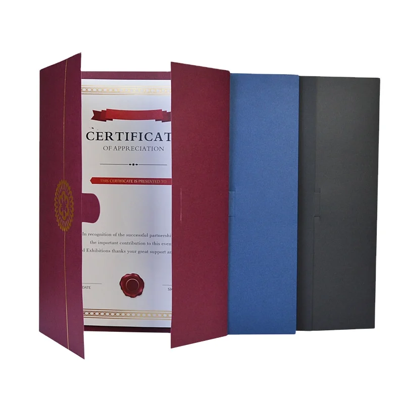 Wholesale Custom Luxury A4 Size Black 3 Folded PU Leather Certificate Holder