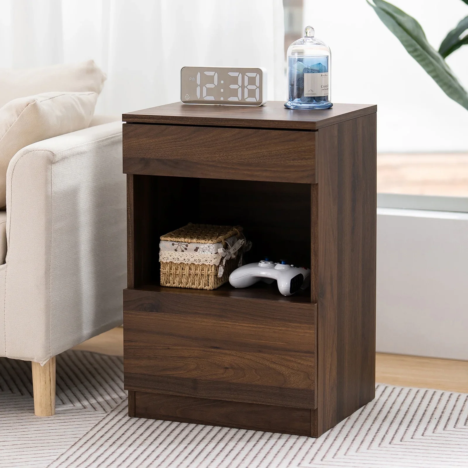 Customized Wooden 2-Drawer Nightstand with Open Shelf Bedside Table with Storage End Table in Dark Walnut