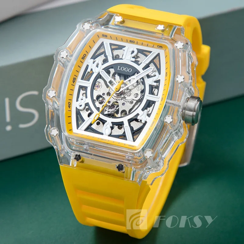 Custom Design Your Own Watch Luxury Sports Silicone Strap Transparent Plastic Automatic Movement Mechanical Rm Watch For Men