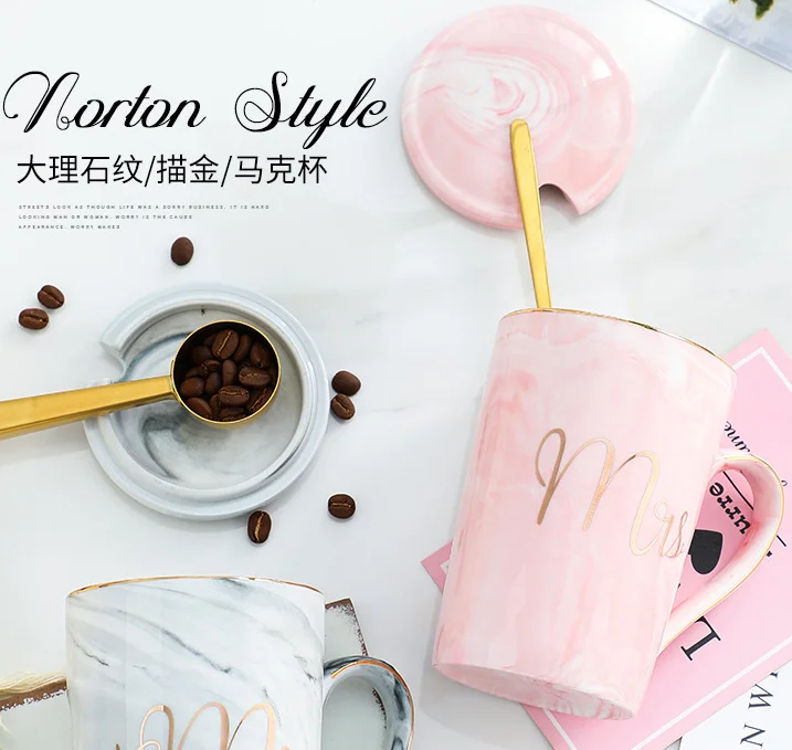 14oz Pink Grey  Mr Mrs Souvenir Wedding Gift Couple Lover Reusable Ceramic Marble Coffee Tea Mug