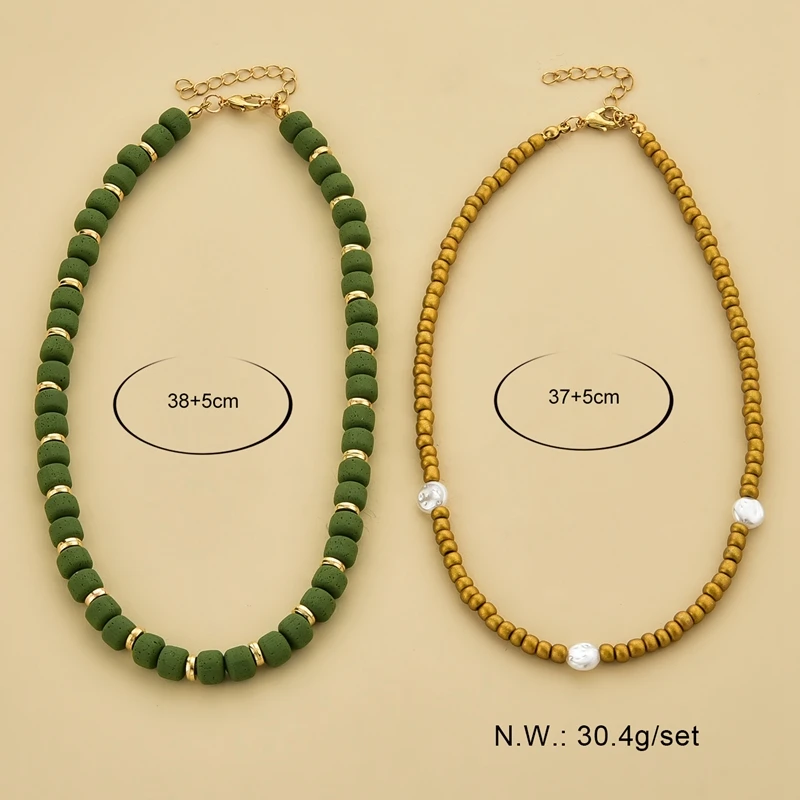 2022 New Design Style Polymer Clay Chokers Gold Glass Rice Double Layer Pendant Necklace For Women