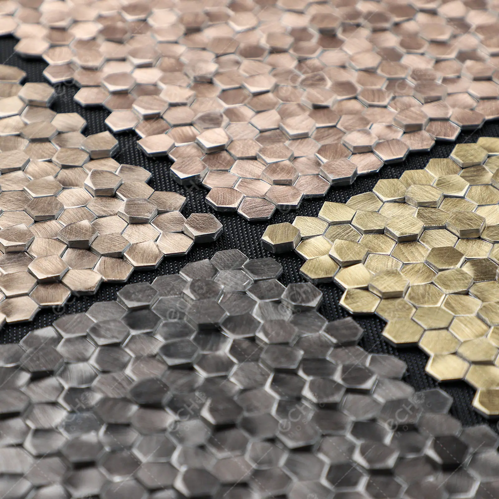 Bronze color mini hexagon net backing gravity aluminium 3d mosaic for TV background