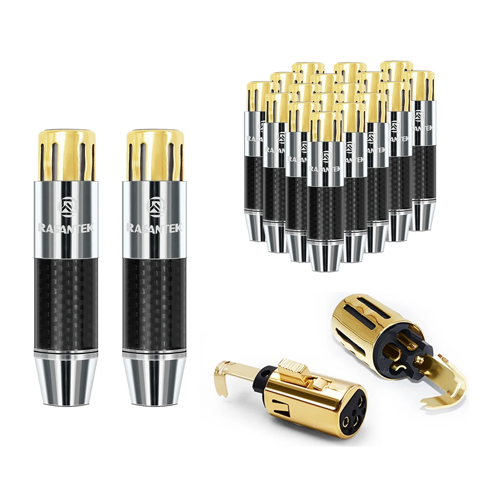 RASANTEK 24K Gold Plated 3 Pin XLR Female Plug 11mm Brass Carbon Fiber HIFI Audio XLR Connector for Speaker Cable