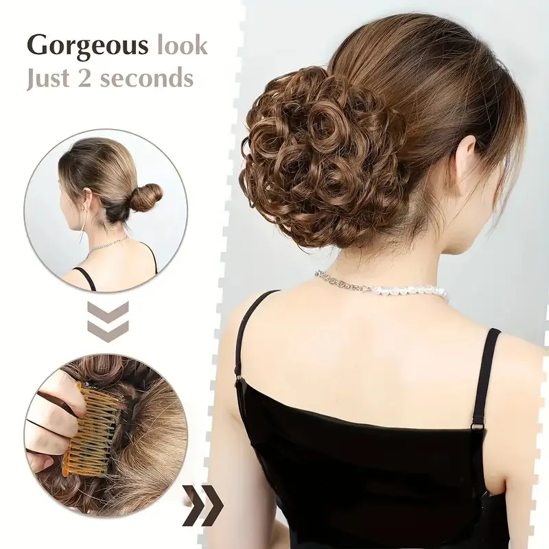 Synthetic Short Curly Chignon Elastic Rubber Band with Two Steel Fork Comb Clips Clip-in Hair Extensions Women Bridal Daily Wear