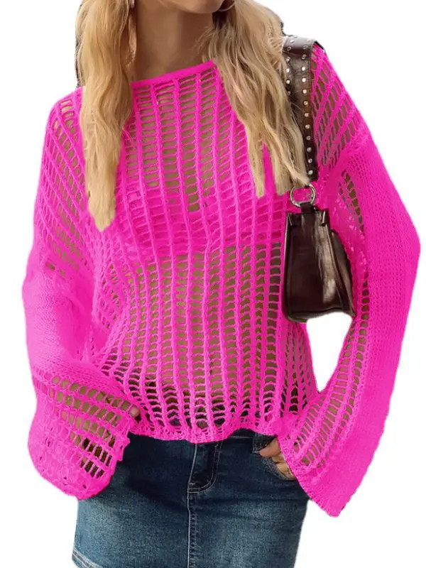 2024 Summer Cross-Border Knitted Sweater Personalized Sunscreen Blouse Solid Pattern Thin Long-Sleeved Top for Parties