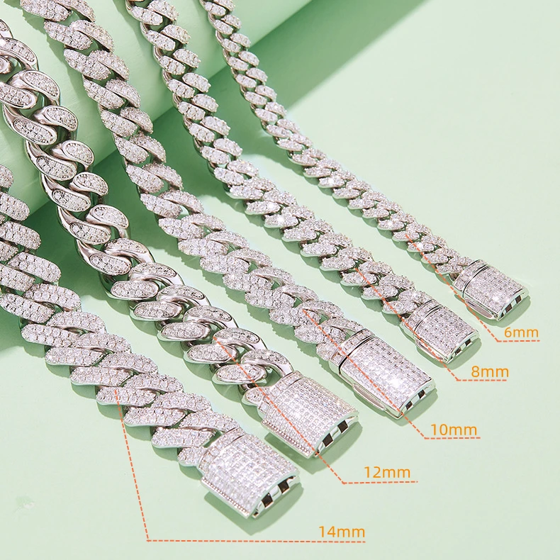 925 Sterling Silver 6mm Miami Cuban Chain Bracelet Iced Out Bling Hip Hop Moissanite Diamond Prong Cuban Link Chain Necklace