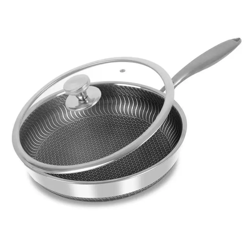Three-layer steel honeycomb non-stick frying pan with lid, stainless steel handle cookware, steak and egg frying pan