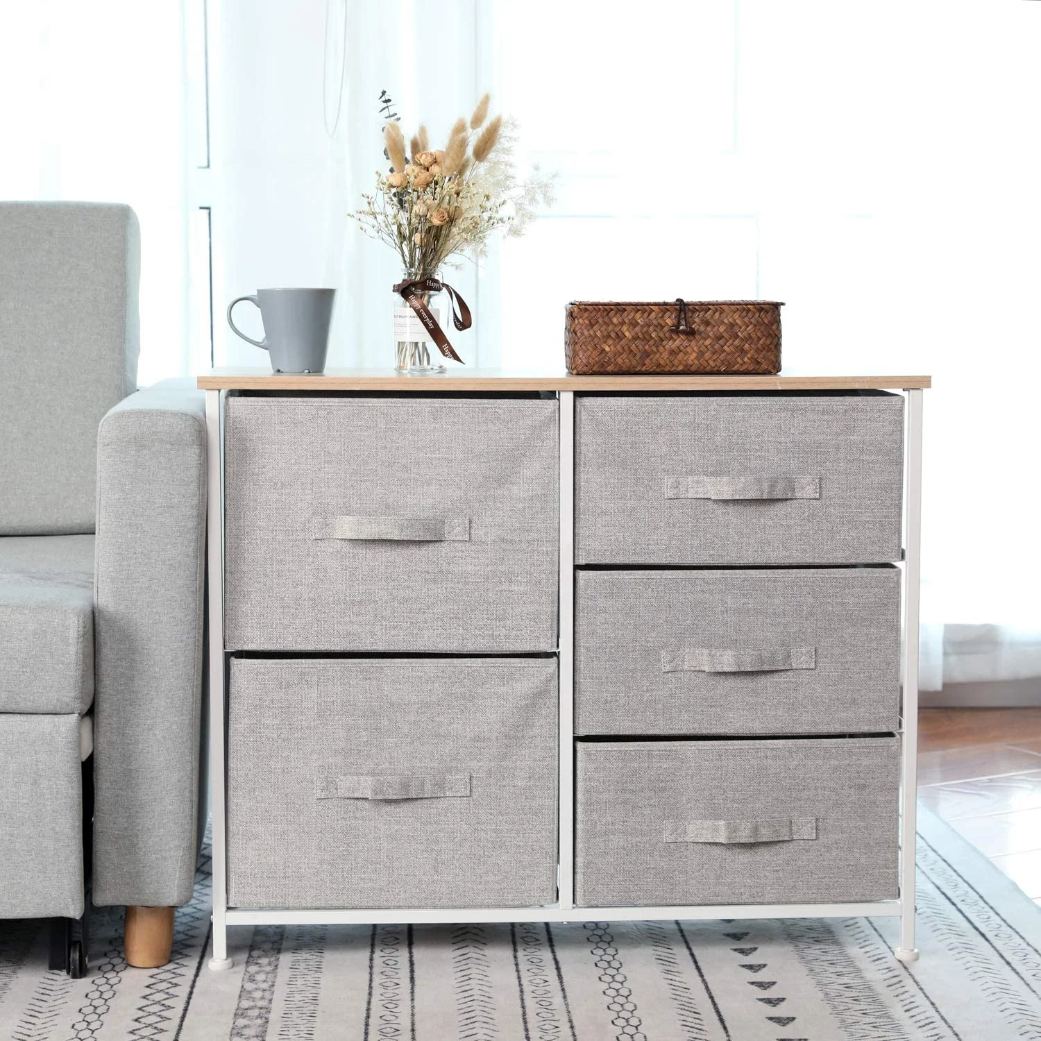 Steel frame New Deisegn Fabric Boxes 5 Drawers - Linen/Natural Design Vertical Dresser Storage Tower
