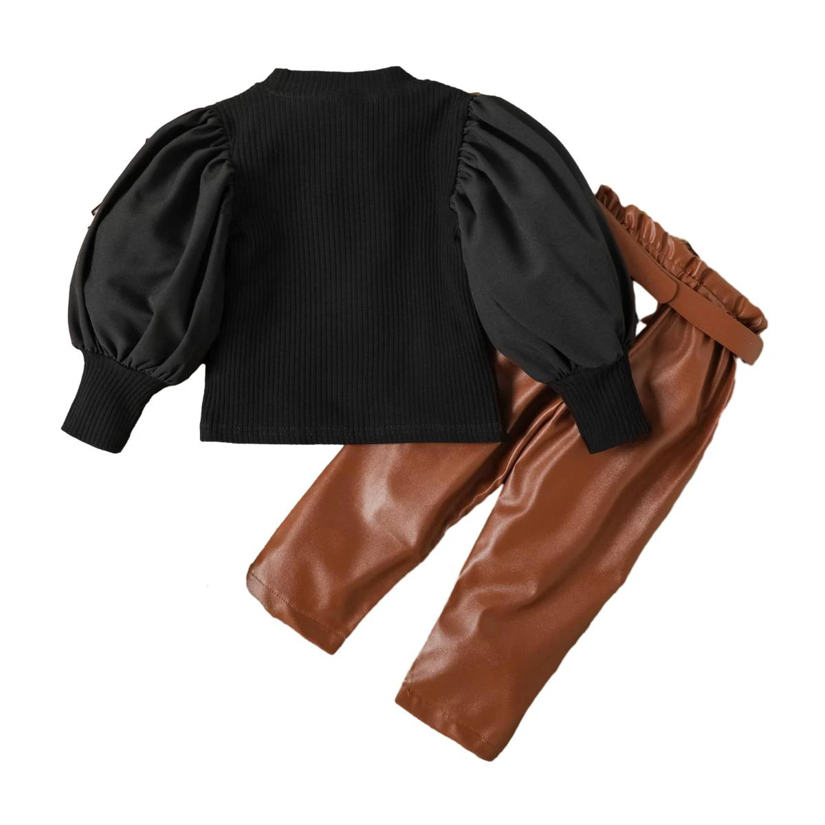 High street lantern sleeve top wear and PU leather pants two piece junior girls clothing sets