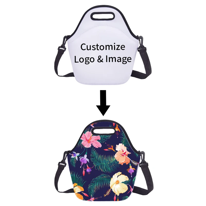Custom Eco Friendly Neoprene Sublimation Blank Lunch Tote Bag With Shoulder Strap Thermal Lunch Bag For School Kids