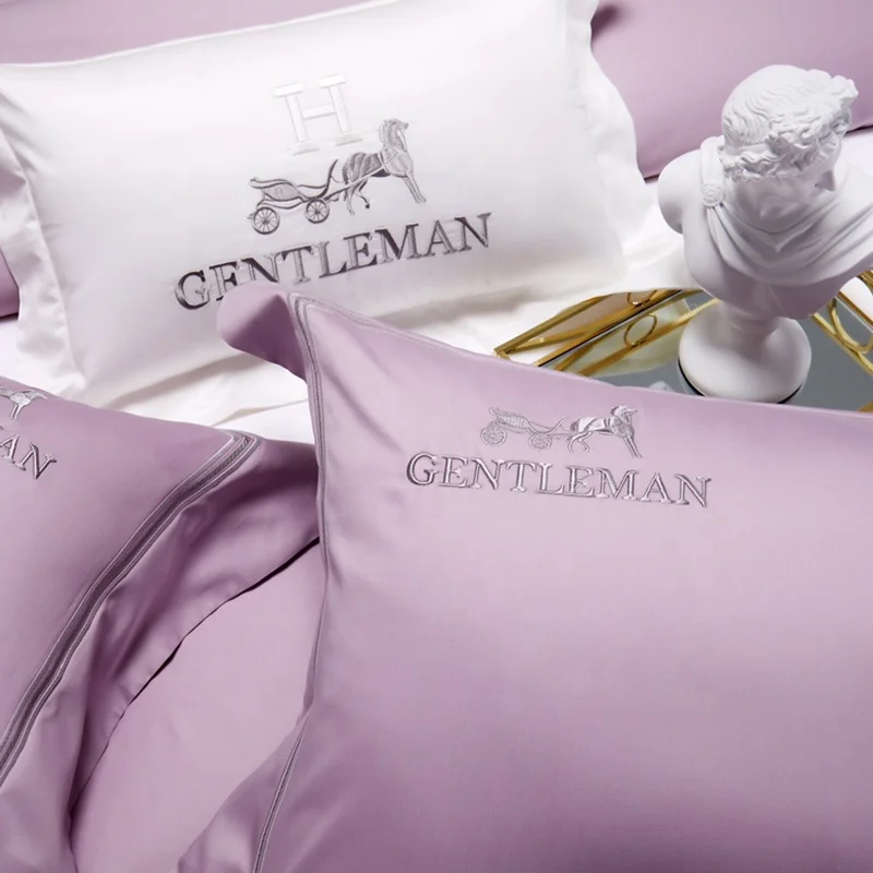 Purple Four Piece Bedding Sets 100% Cotton Simple Style Luxury Wedding Bridal Duvet Cover Bed Sheet Sets