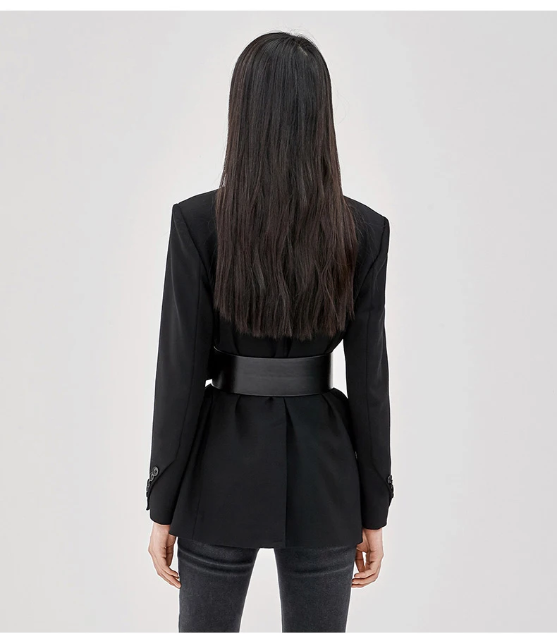 Autumn New retro lapel solid color black suit jacket, with wide leather belt, Ladies handsome wear