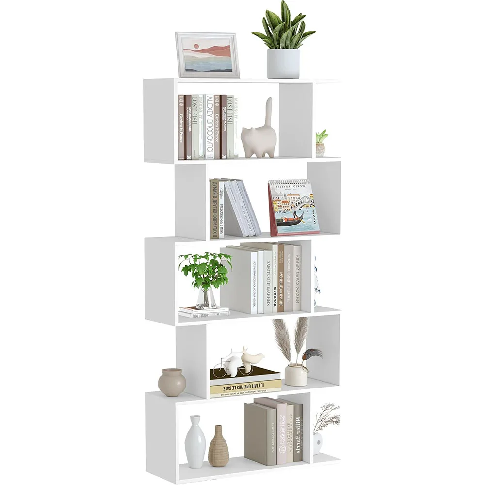 Bookshelf 5-Tier, Geometric Bookcase S Shaped Book Shelves for Bedroom, Modern Wood Decorative Display Shelf Book Case