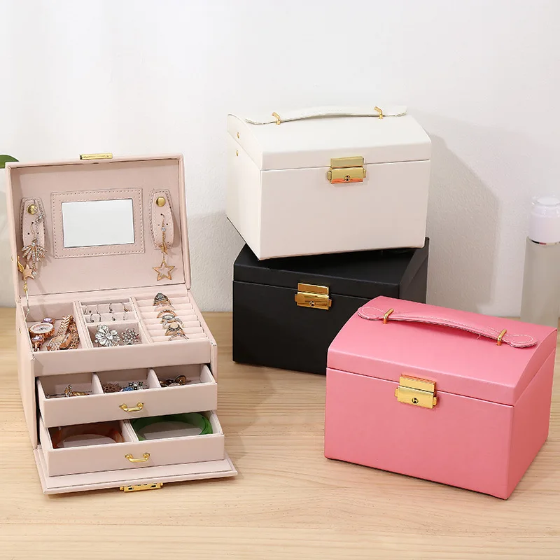Wholesale Custom Luxury Large Jewellery Storage Case Big 3 Layer Drawer Mirror Pu Leather Jewelry Organizer Box with Handle
