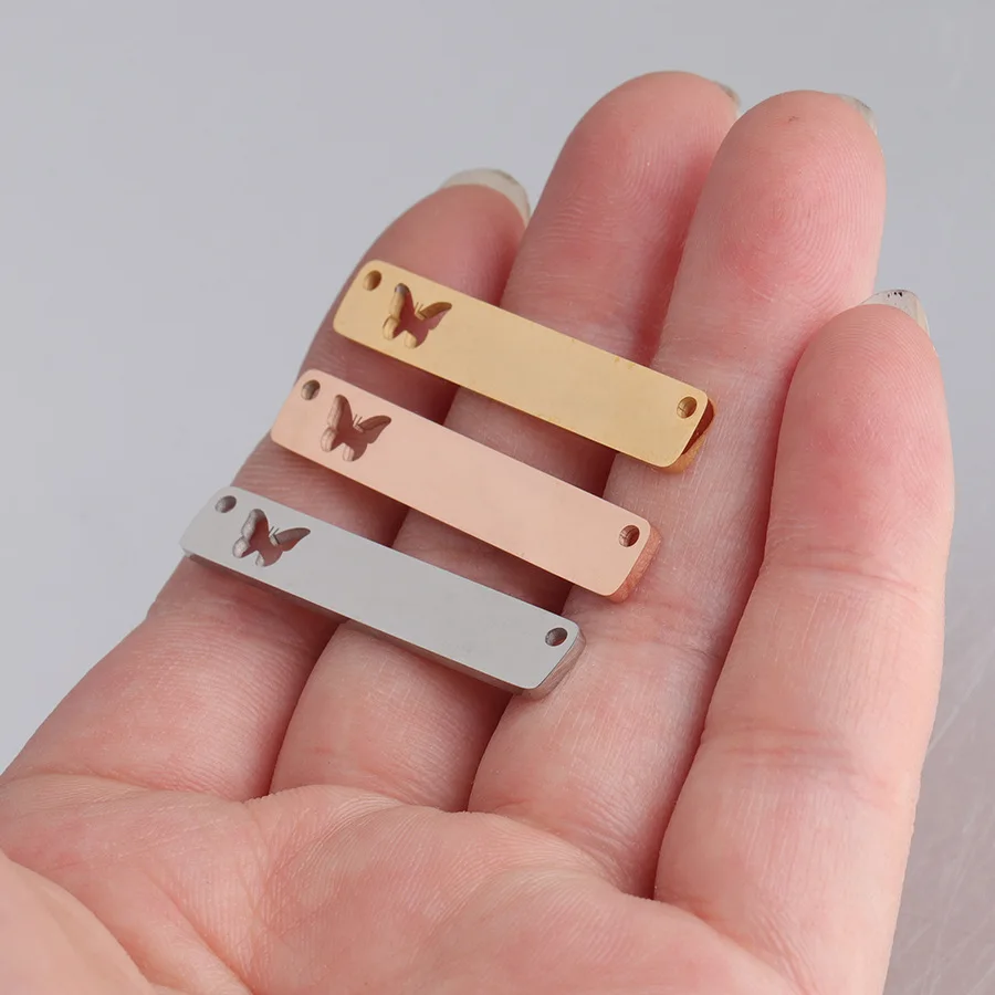 Stainless Steel Engravable Rectangle Bar Pendant 6*35mm Hollow Butterfly Charms Two Hole Connector DIY Bracelet Necklace Jewel
