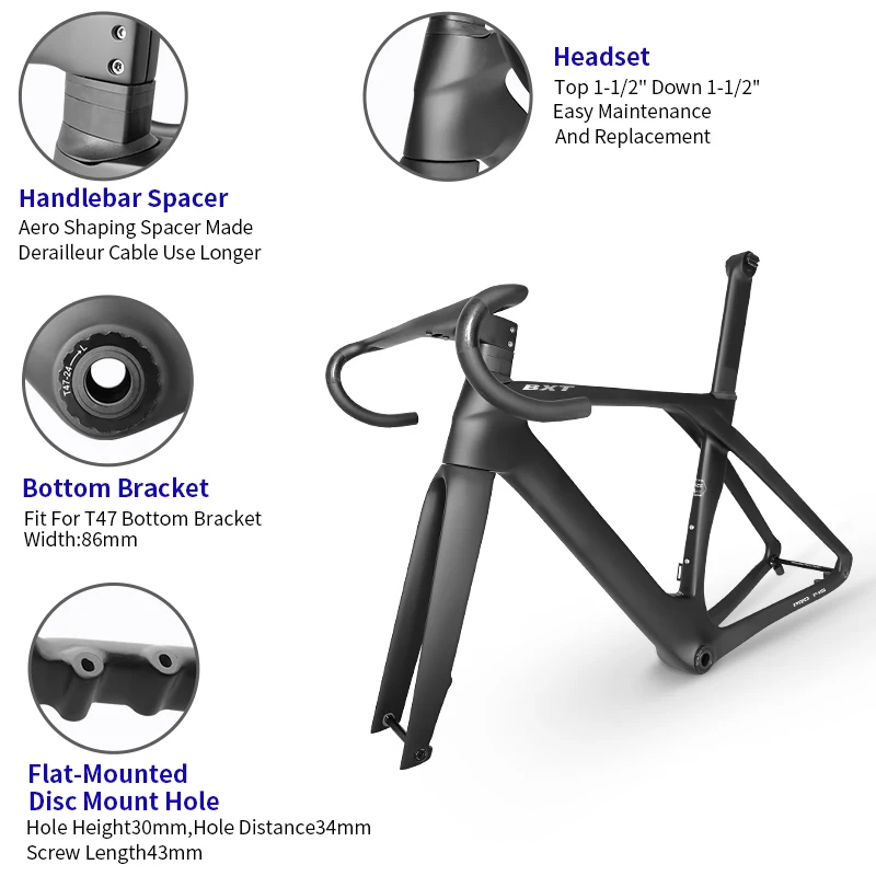 BXT New Road Frameset Carbon Fiber Bike 2024 Full Hidden Line Di2 Handlebar T47 Disc Brake Lightweight Road Bicycle Frame set