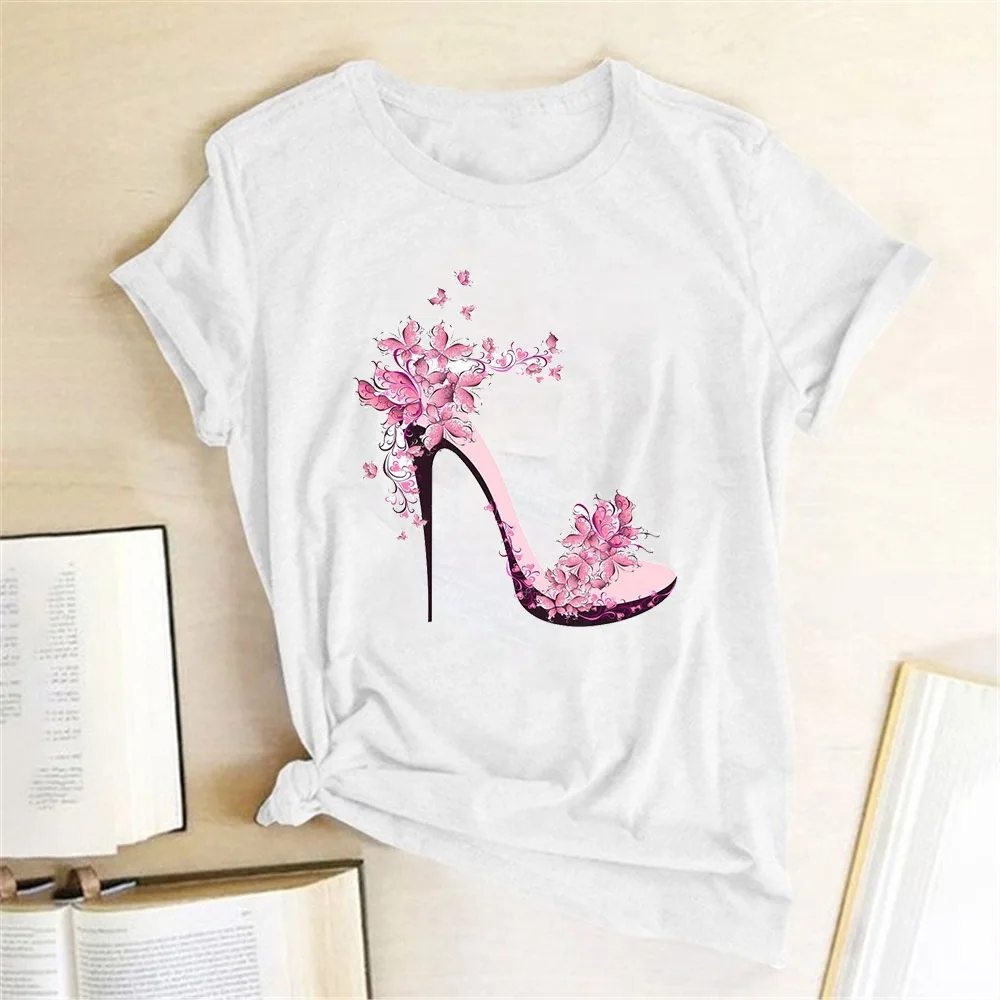 Ladies High Heel Cute Printed Tops Tee Casual Female T Shirts