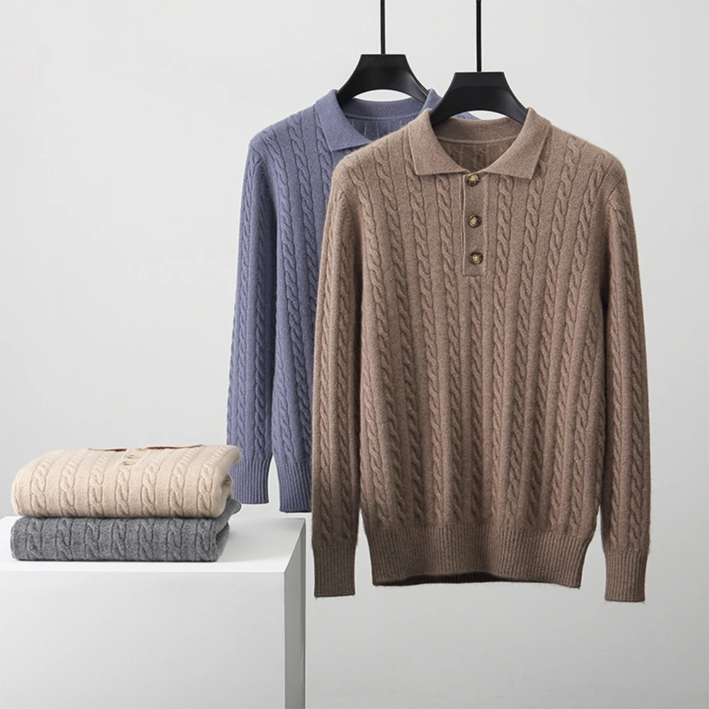 Guoou 100 Pure Cashmere Thick Fall Winter Cable Lapel Knit Polo Shirt Pullover Cashmere Sweater Men
