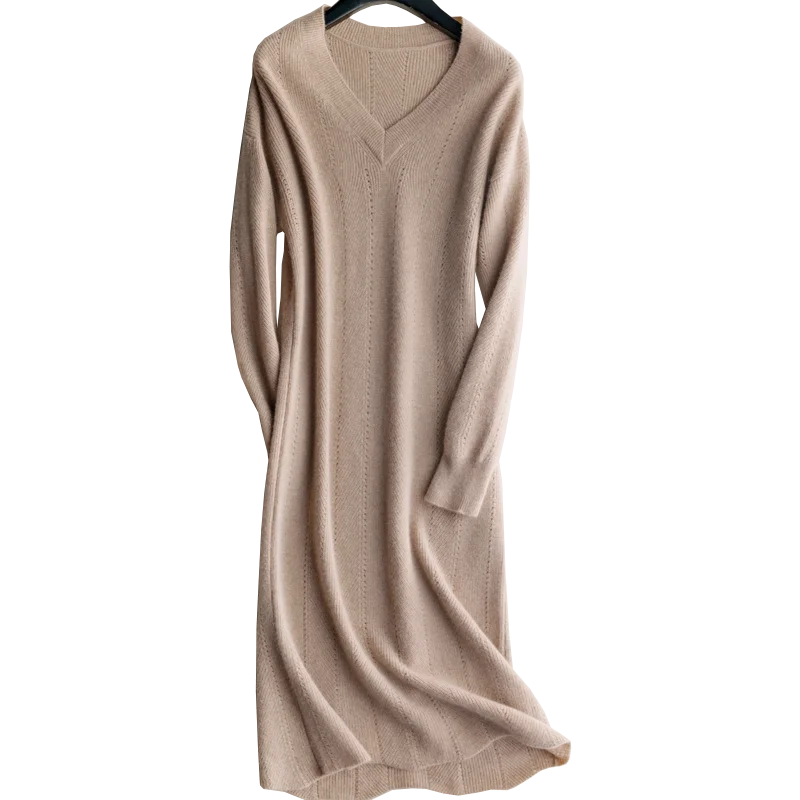 Fashion Office Cashmere Sweater Dress Women Lady V Neck Korean style Knitted Dress for Winter