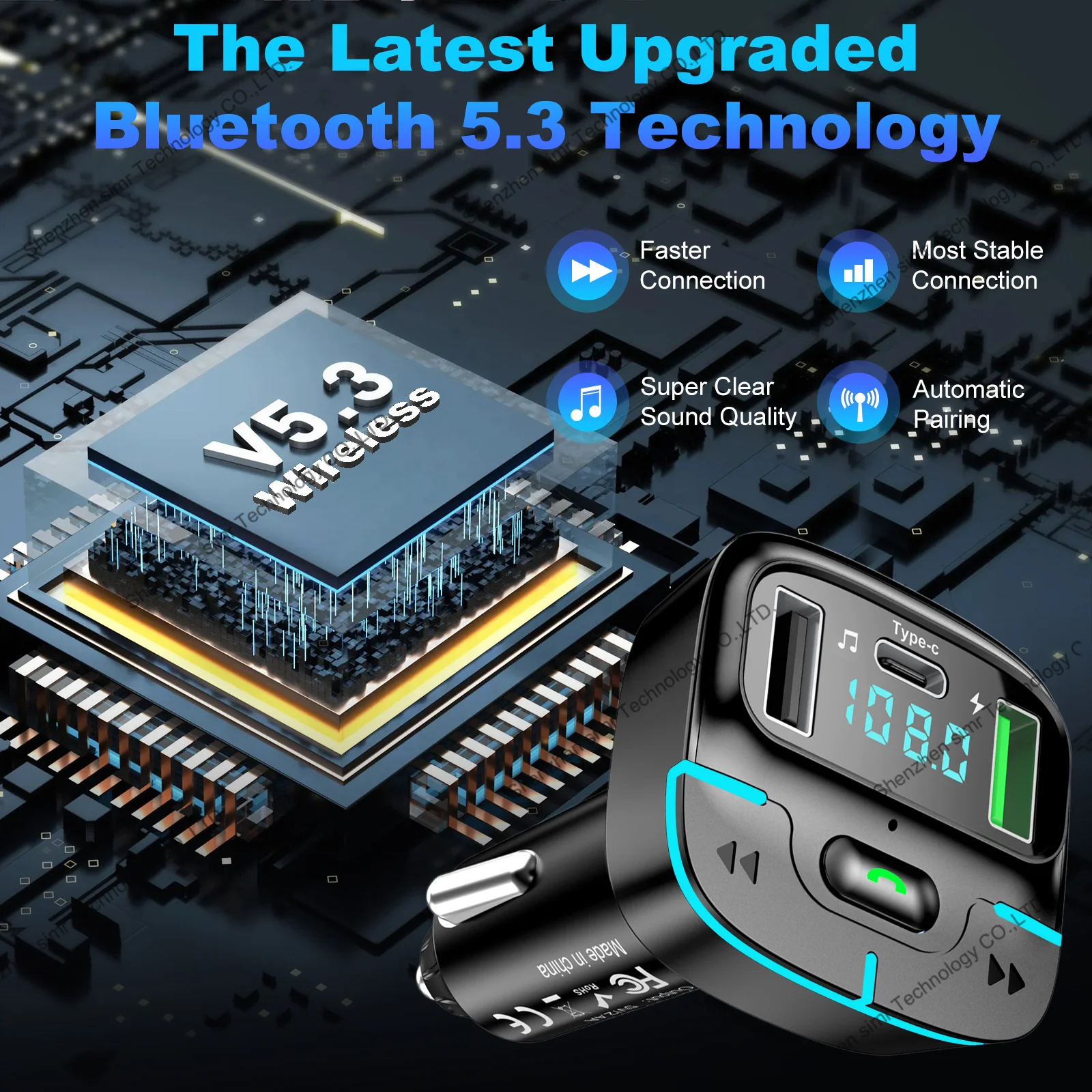 simr 20W Handsfree Bluetooth 5.3 Modulator Car Charger 2.4A Dual USB type C Adapter Car MP3 Player Wireless radio fm transmitter