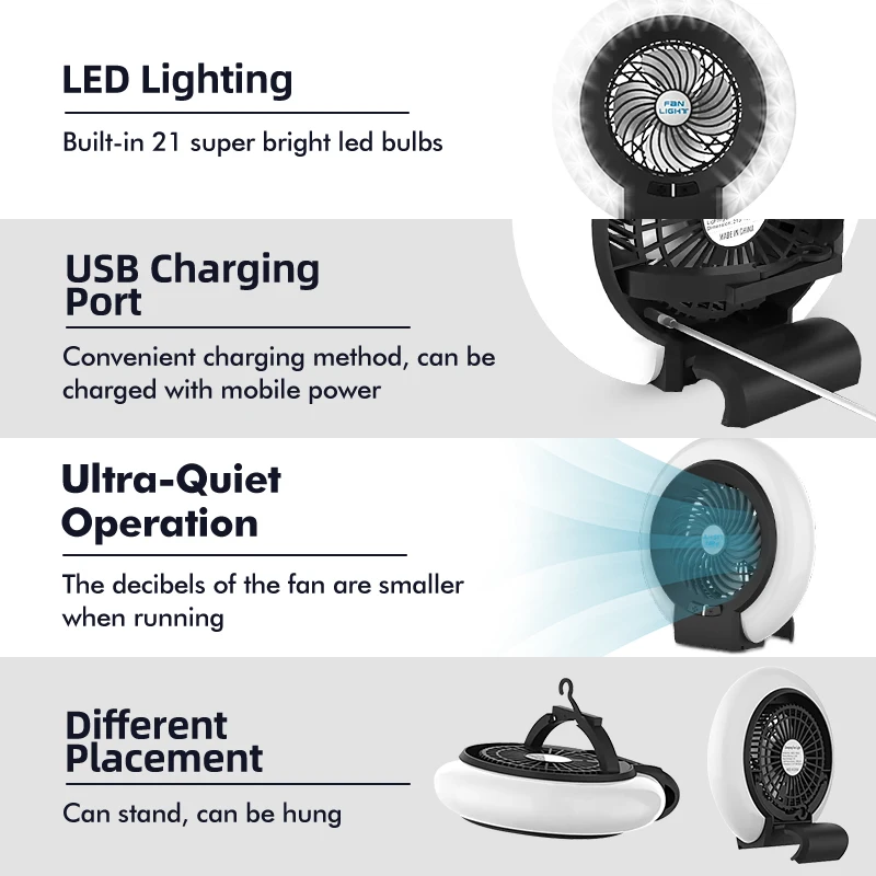 KingGear Outdoor Hiking Portable Rechargeable Usb Fan 2-in 1 Led light Camping fan For tent