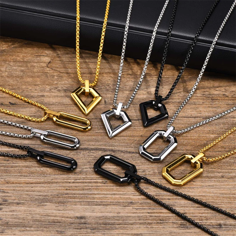 Hip Hop Stainless Steel Non-Tarnish Hollow Geometric Diamond Shaped Oval Pendant Men Necklace Gift