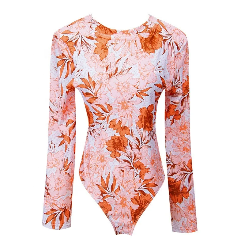 New Design Anti UV Sexy Swimming Surfing  Swimwear Printed Long Sleeve One Piece Women Beautiful Rash Guard
