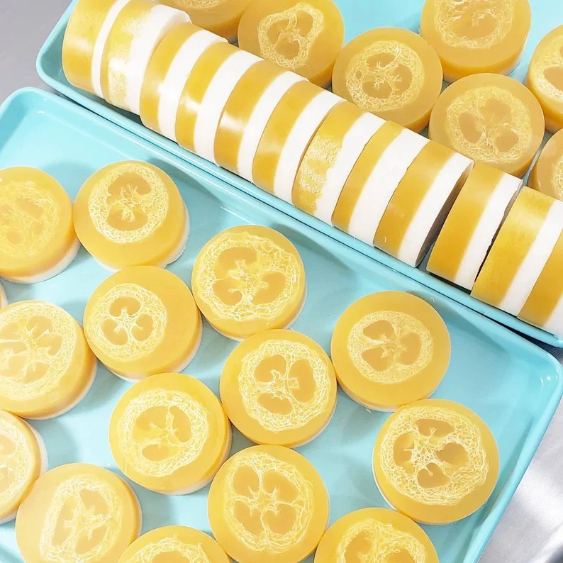 Private Label Natural Organic Handmade Lemon Grass Exfoliating Loofah Glycerin Soap Bar