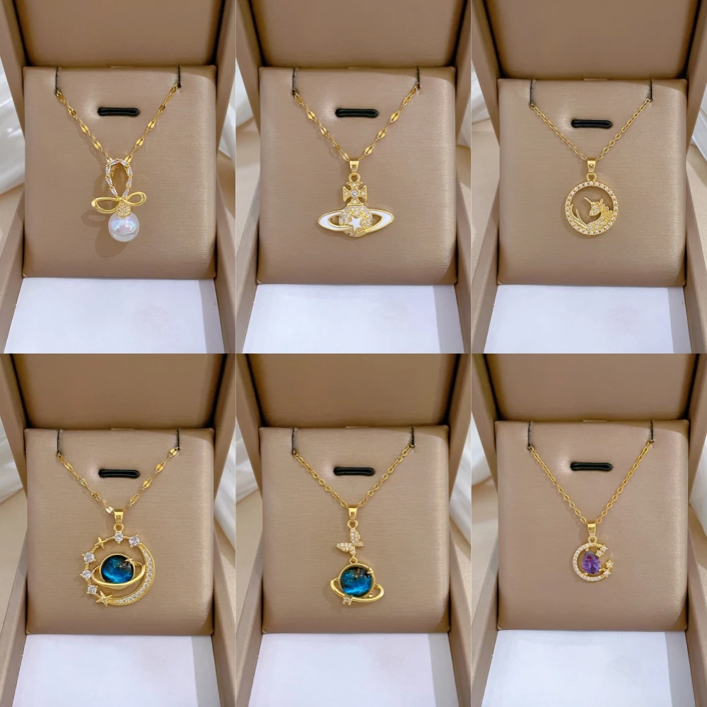New Fashion Galaxy Planet Zircon Necklace Women Butterfly Gold Plated Stainless Steel Necklace