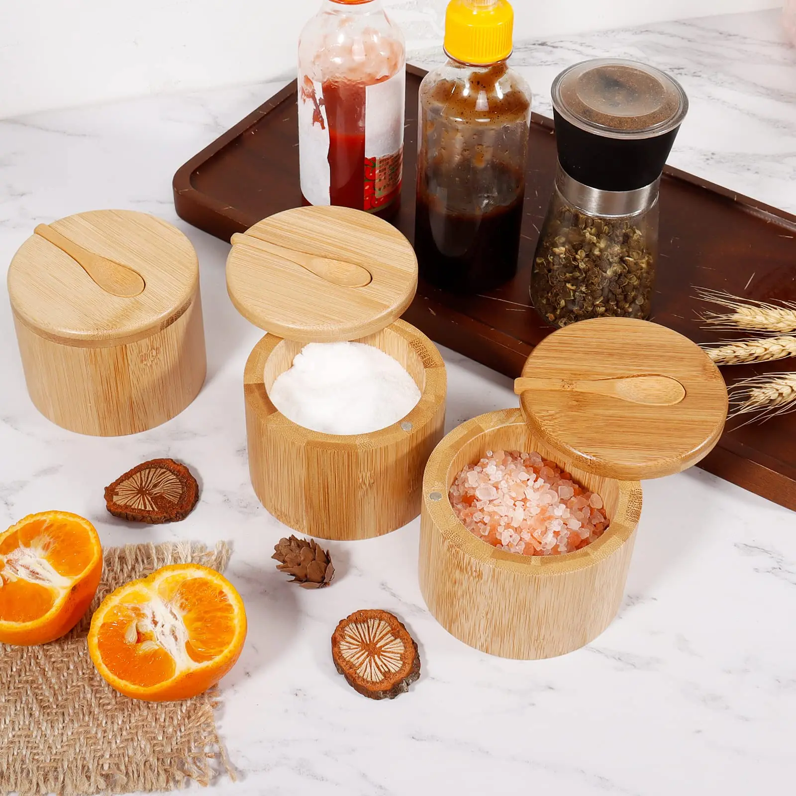 Wooden Salt Cage with Swivel Lid Salt Bowl Spice Cellar for Kitchen Keep Fresh Bamboo Seasoning Box with Spoon