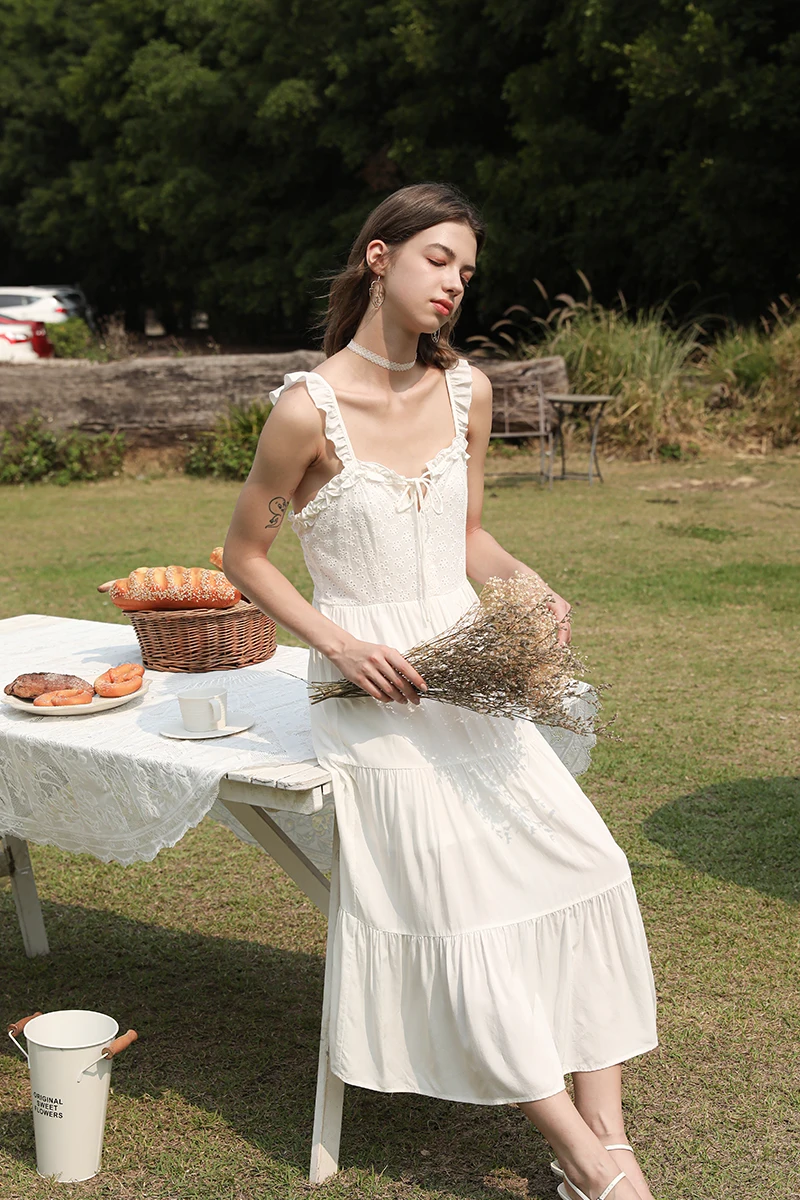 Ruffled Detail White Midi Dress Summer Vacation Style Casual Tiered Dress Custom