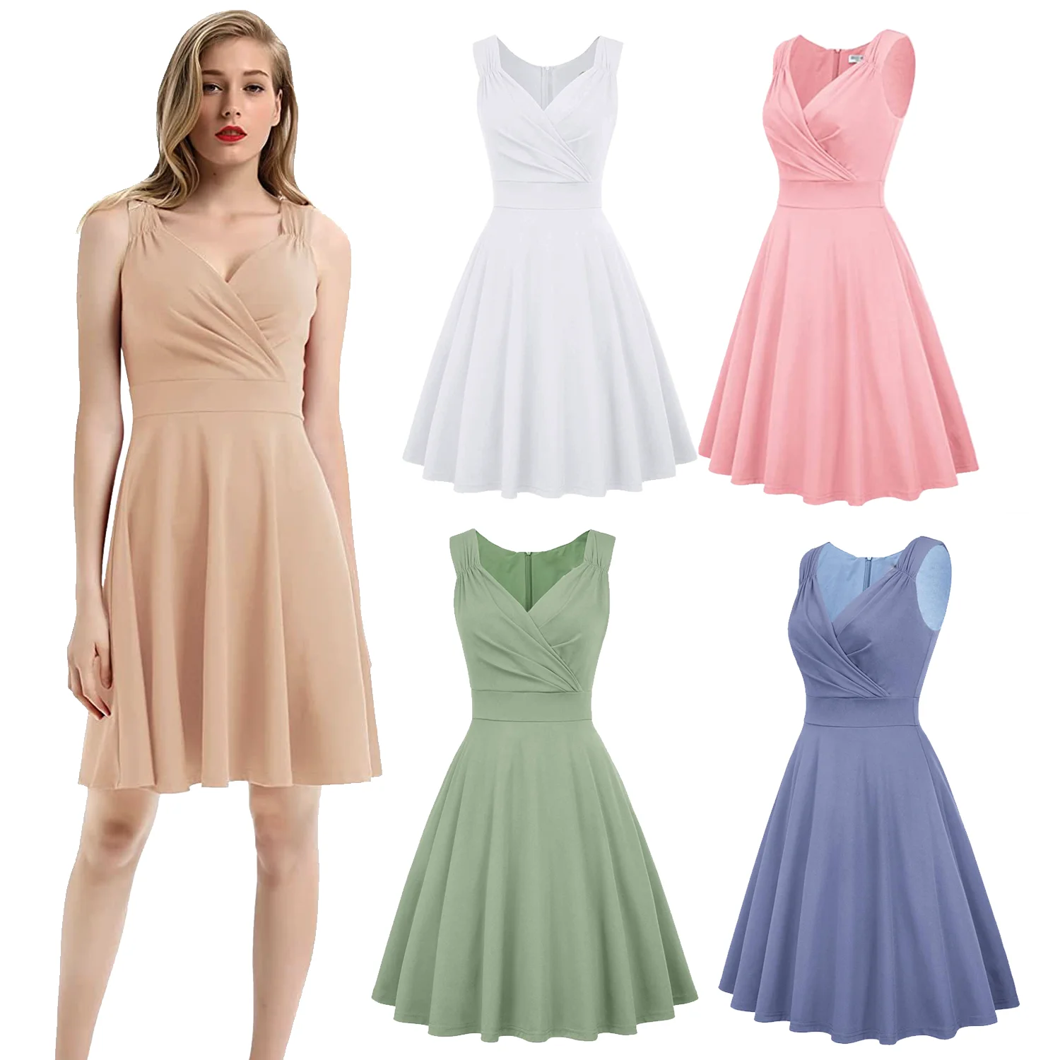 women Vintage V-Neck Empire Waist Knee Length 3/4 Sleeve Work Business office Bodycon Pencil Dress with pocket For Spring Summer