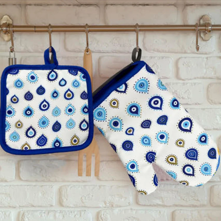 Custom logo oven gloves set evil eye design cotton microwave oven gloves and mat